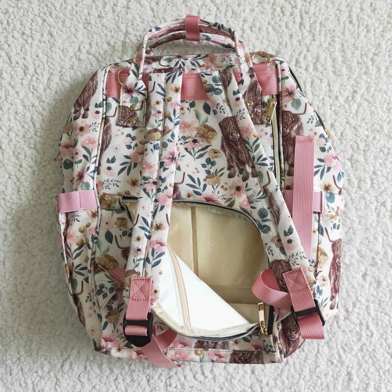 Pink Highland Cow Diaper Bag, Western Travel Backpack