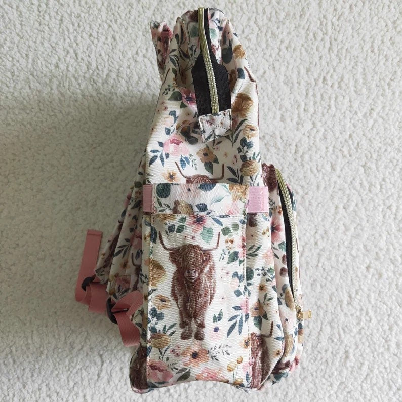 Pink Highland Cow Diaper Bag, Western Travel Backpack