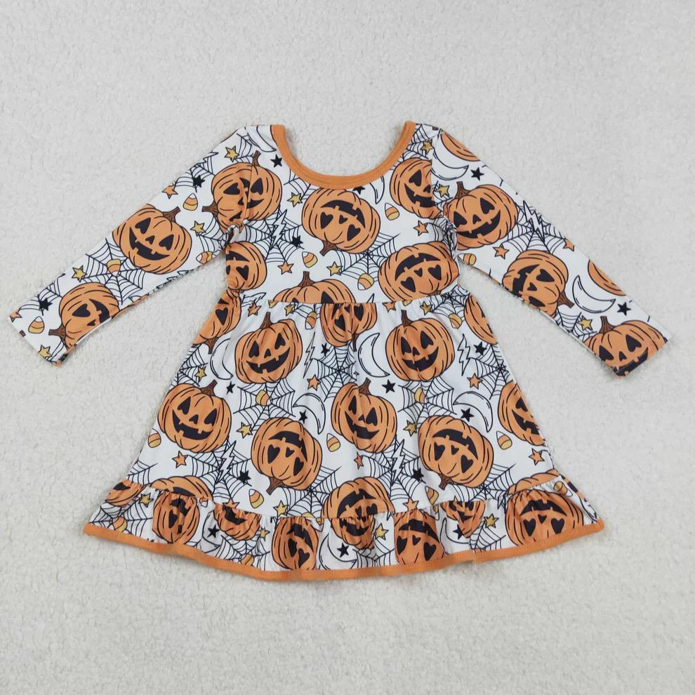 Orange Halloween Pumpkin Spiderwebs Twirl Dress