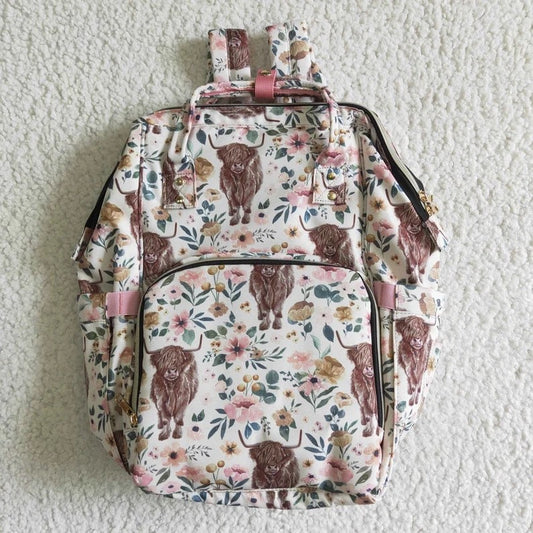 Pink Highland Cow Diaper Bag, Western Travel Backpack