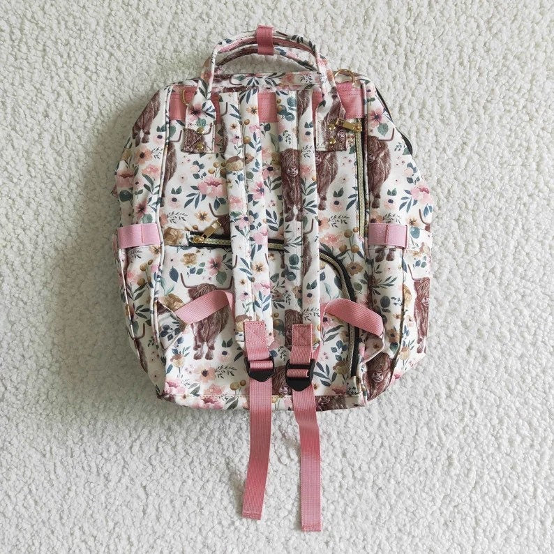 Pink Highland Cow Diaper Bag, Western Travel Backpack