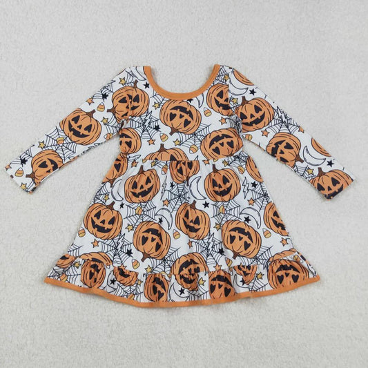 Orange Halloween Pumpkin Spiderwebs Twirl Dress
